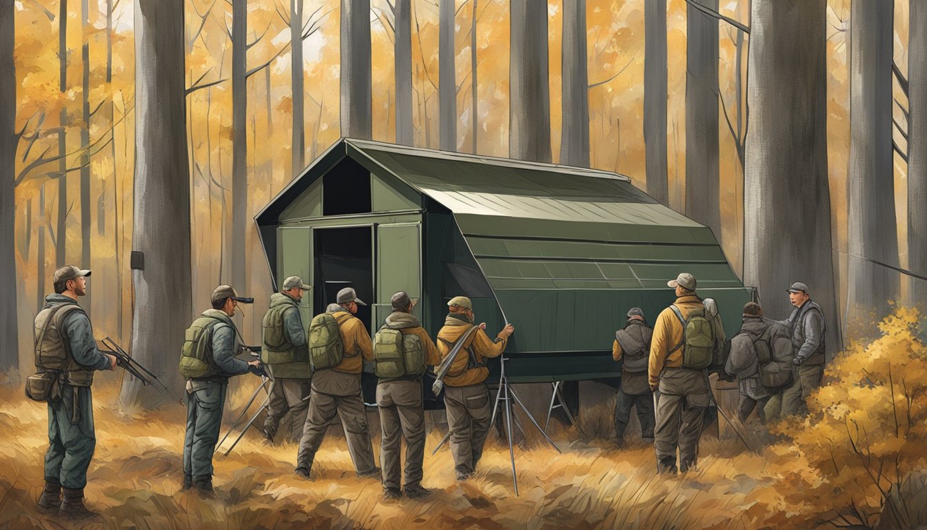 A group of outfitters setting up deer hunting blinds in a forest, taking into account seasonal and regulatory considerations