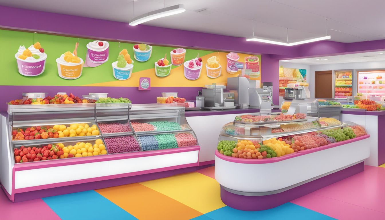 A colorful display of fresh fruit and low-fat frozen yogurt at Baskin Robbins, surrounded by vibrant signage promoting healthy options