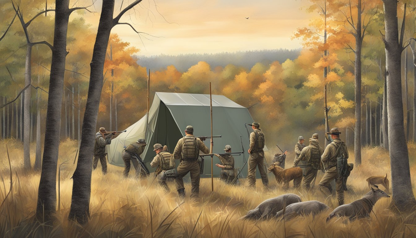 A group of outfitters setting up hunting blinds in a wooded area, with deer grazing in the background