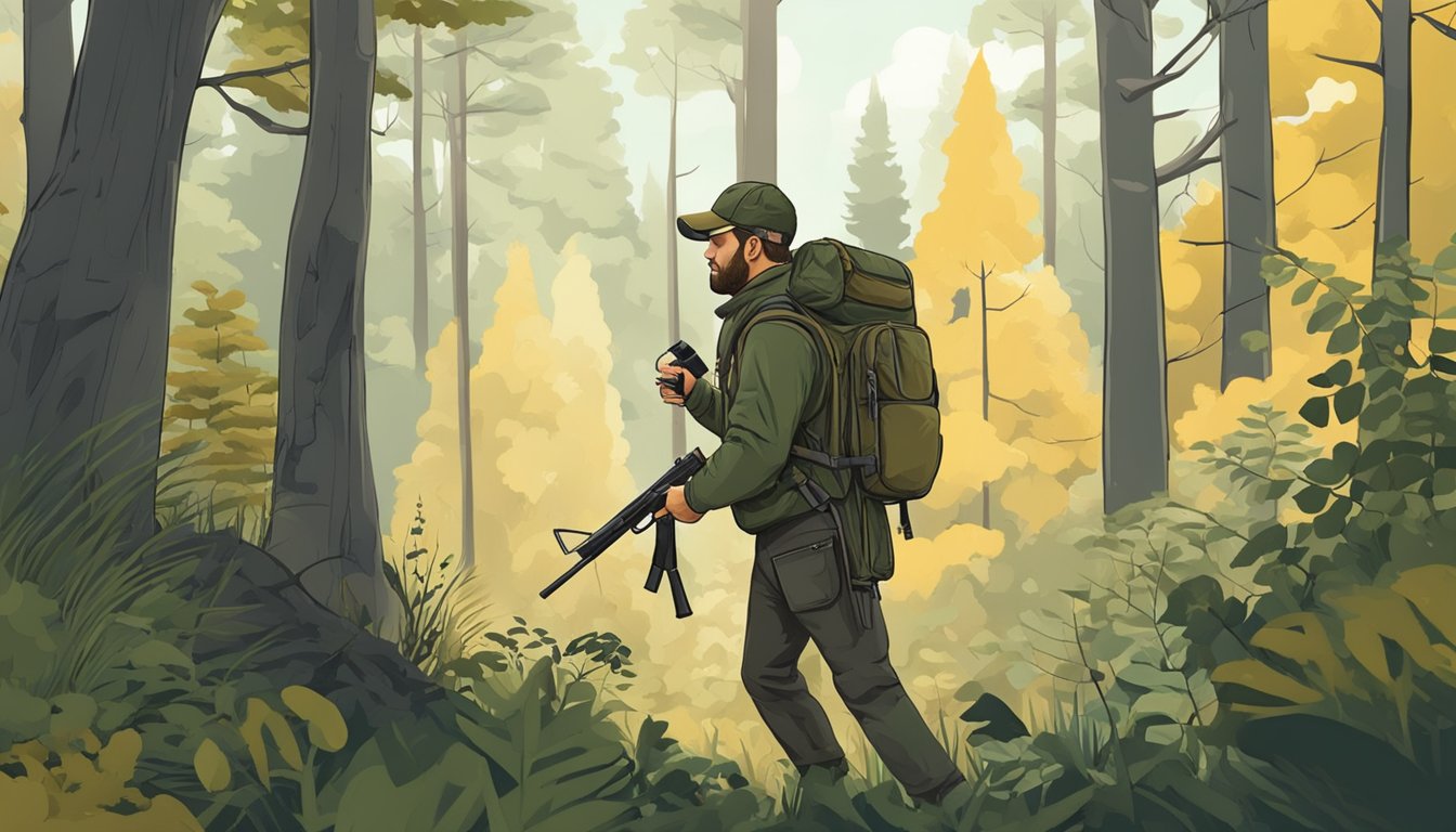 A hunter standing in a forest, wearing a backpack with multiple compartments, carrying a rifle and binoculars, surrounded by trees and wildlife