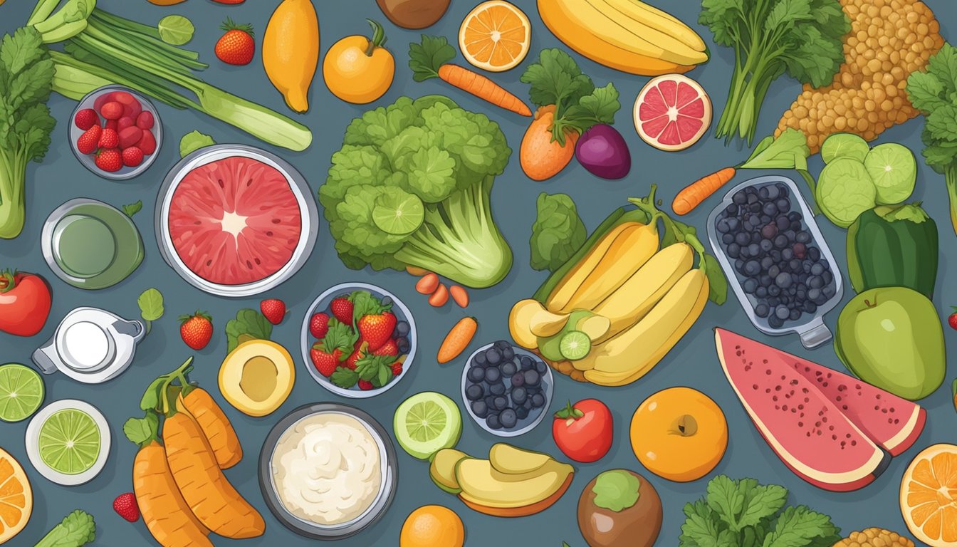 A table filled with colorful fruits, vegetables, and lean proteins, surrounded by measuring cups and a scale