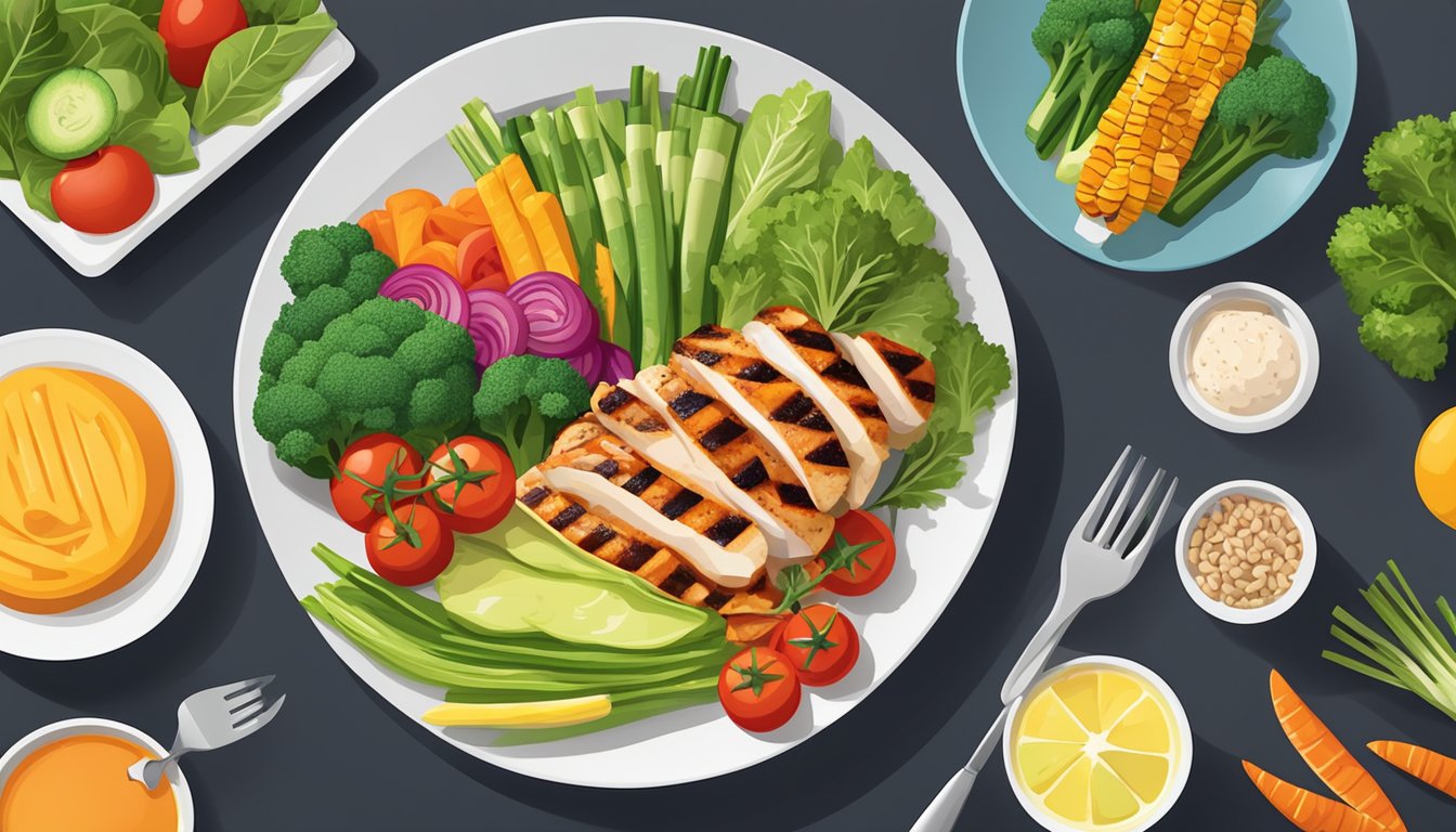 A colorful array of fresh vegetables, grilled chicken, and lean protein options displayed on a clean, modern plate