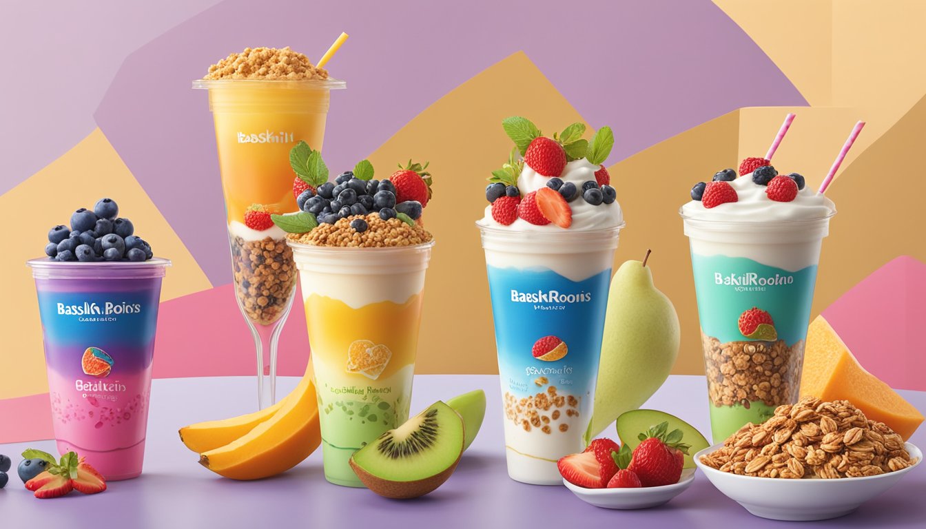 A colorful display of fresh fruits, yogurt, and granola arranged next to vibrant smoothie bowls and low-fat frozen yogurt options at Baskin Robbins