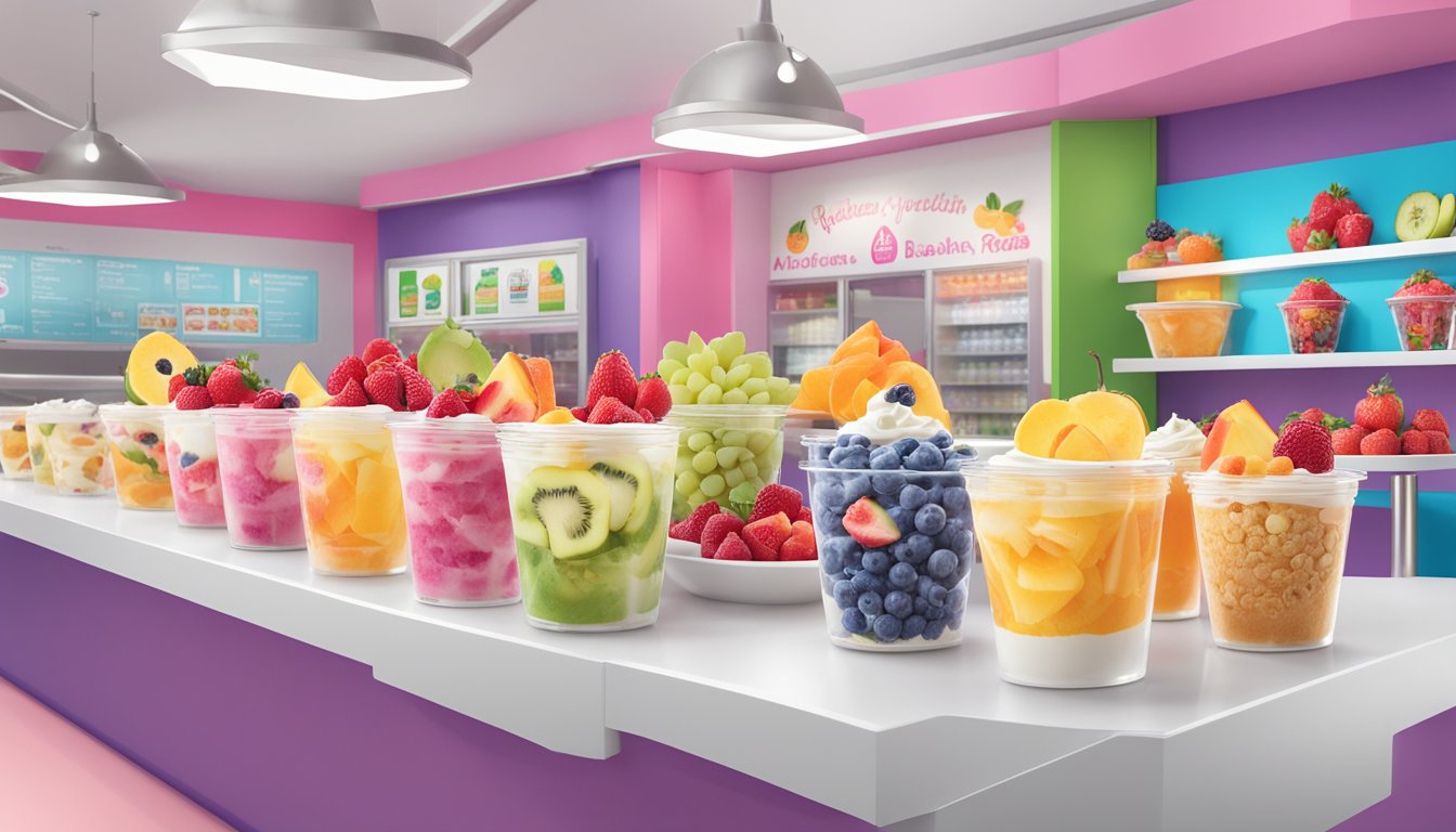 A colorful display of fresh fruit and yogurt parfaits at a Baskin Robbins, surrounded by vibrant signage promoting healthy options