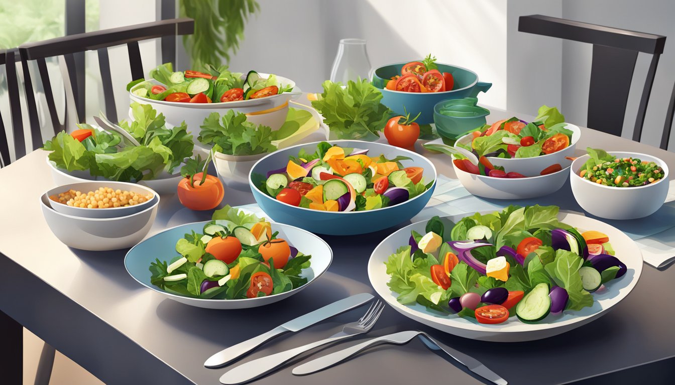 A colorful array of fresh salads and grilled vegetables on a modern dining table