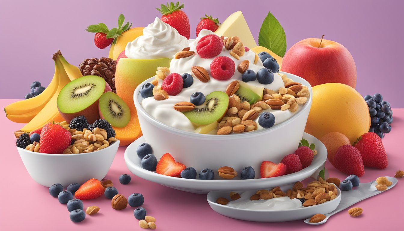 A colorful display of fresh fruits, nuts, and yogurt alongside Baskin Robbins ice cream, with a variety of healthy toppings and options for customization