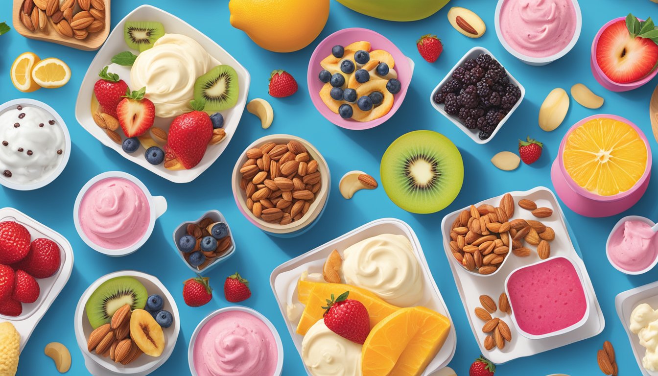 A colorful display of fresh fruits, nuts, and dairy products arranged on a table, with a variety of healthy ice cream options from Baskin Robbins