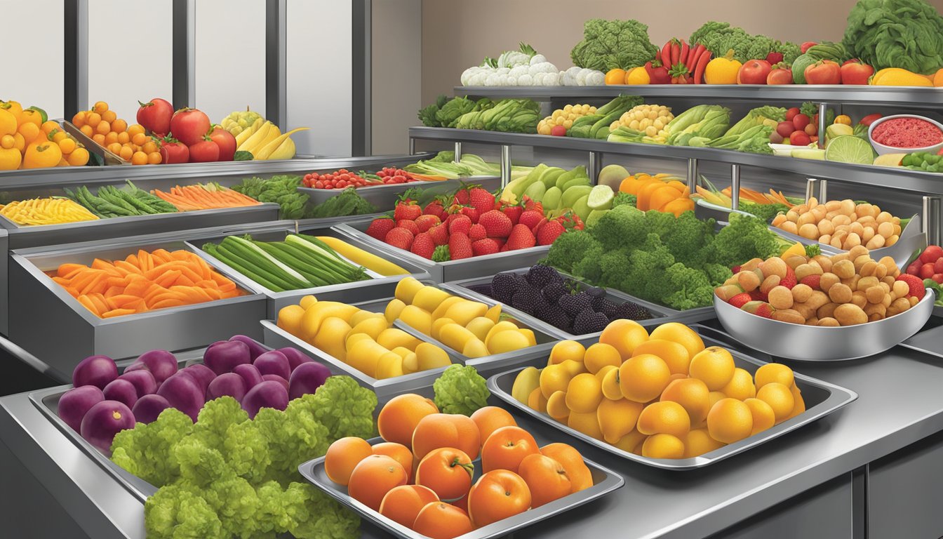 A colorful array of fresh fruits, vegetables, and lean proteins displayed on a clean, modern buffet counter at BJ's, inviting customers to customize their healthy meals