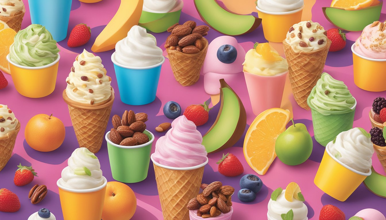 A colorful display of fresh fruits and nuts alongside a variety of low-fat and dairy-free ice cream options at Baskin Robbins