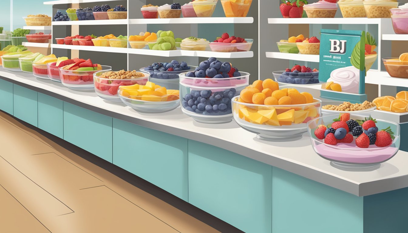 A colorful display of fresh fruit and yogurt parfaits, granola bars, and smoothie bowls at a BJ's dessert counter