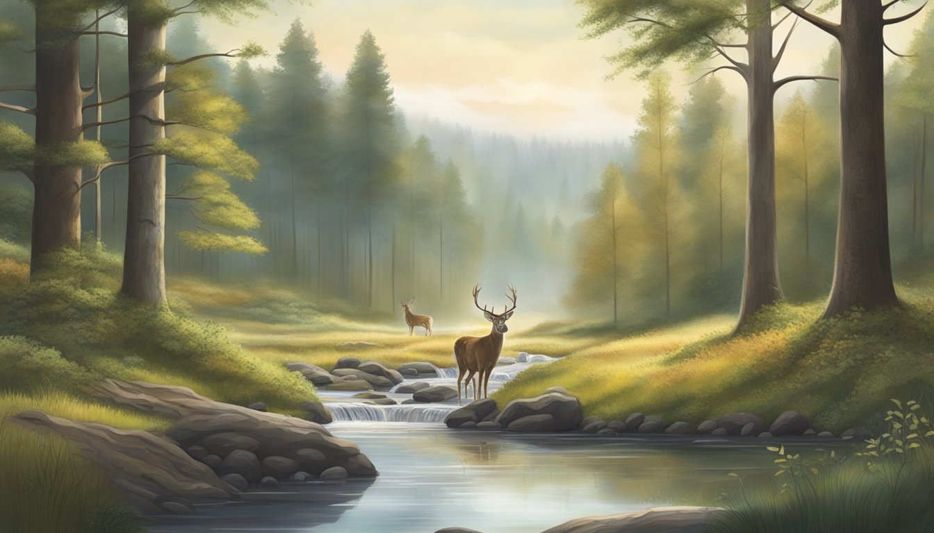 A serene forest clearing with tall trees, a bubbling stream, and a variety of wildlife, including deer grazing in the distance