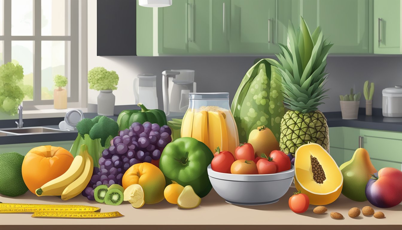 A colorful array of fruits, vegetables, and whole grains displayed on a kitchen counter, with a measuring tape and a scale nearby