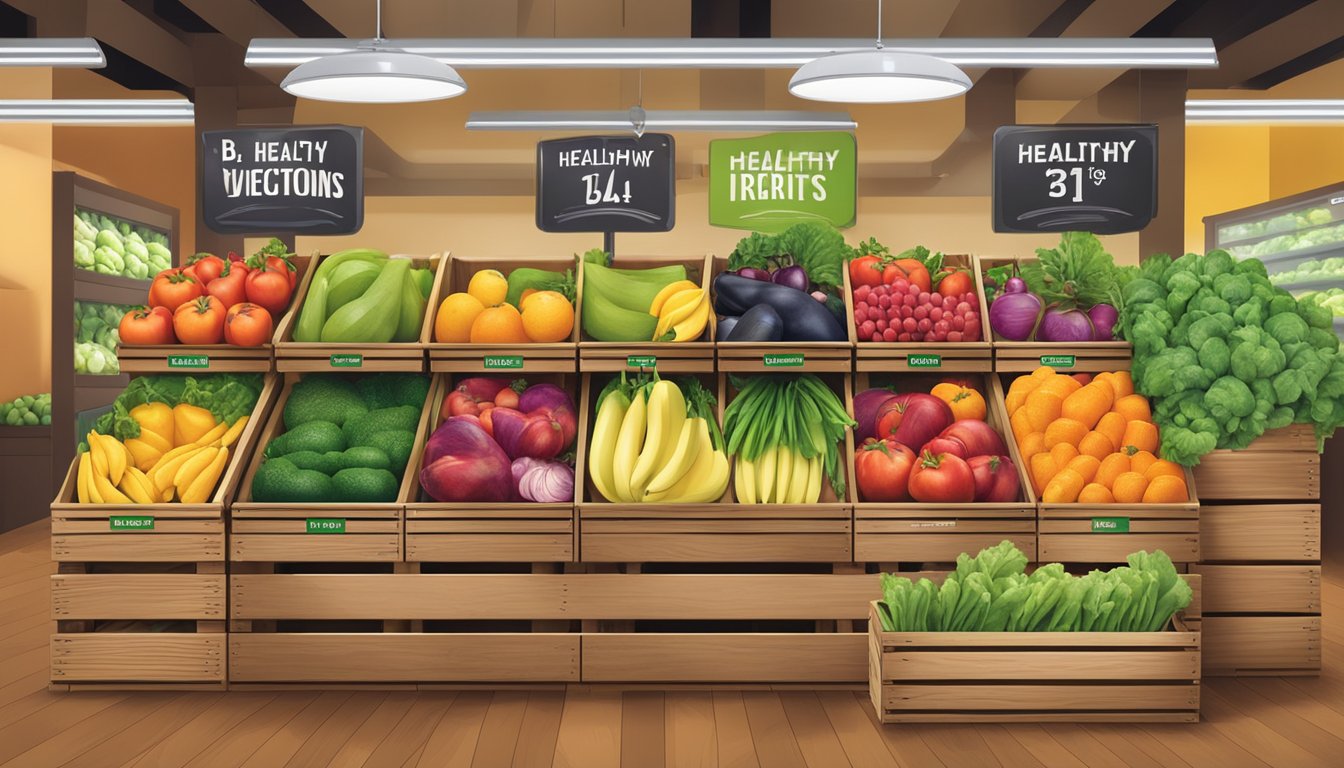 A colorful display of fresh fruits and vegetables arranged on wooden crates at BJ's, with vibrant signage promoting healthy options