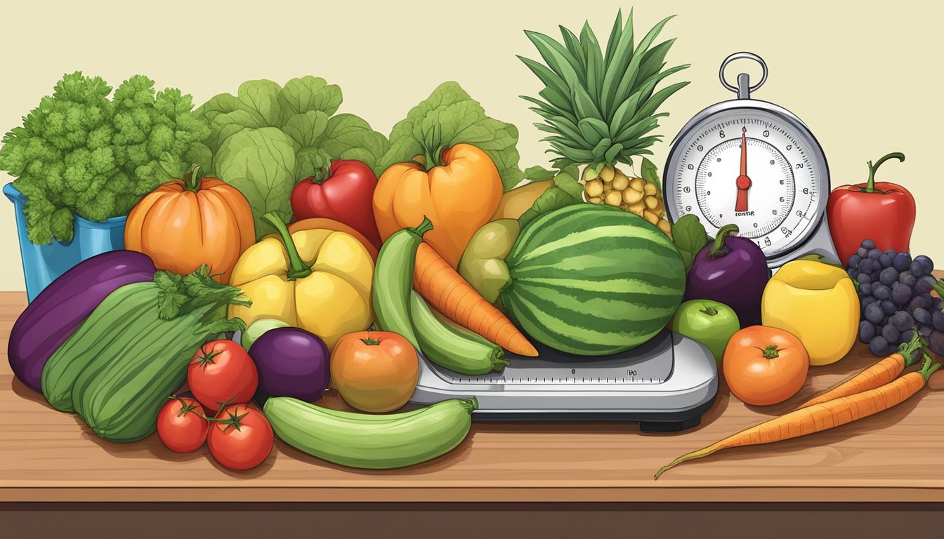 A variety of fresh fruits and vegetables arranged on a kitchen counter, alongside a measuring tape and a scale