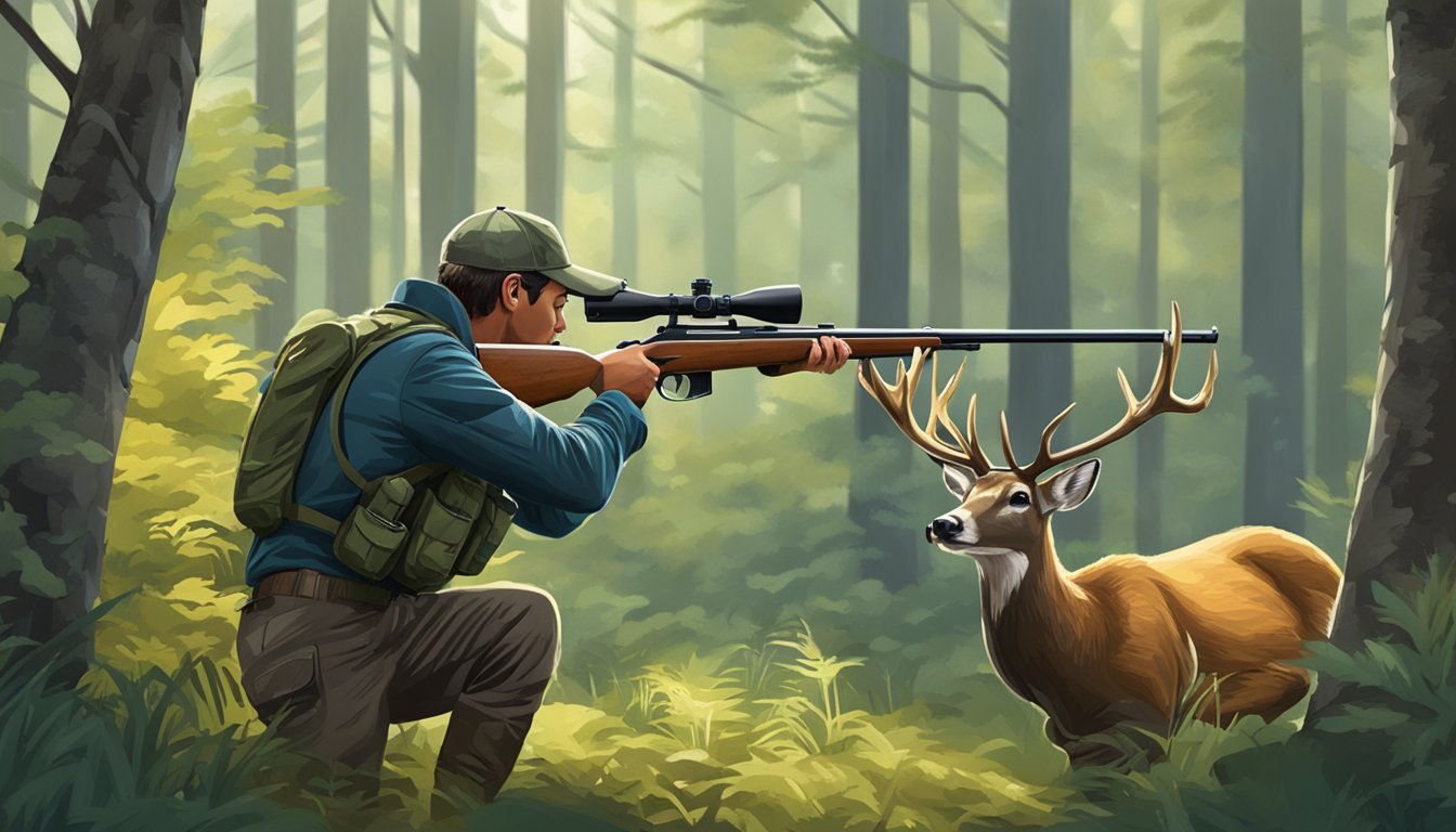 A hunter aiming a rifle at a deer in a forest clearing