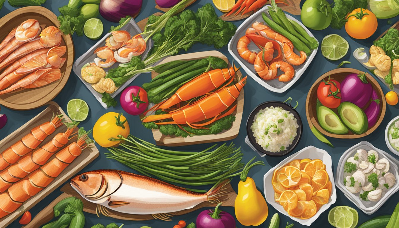 A colorful array of fresh vegetables and seafood displayed on a clean, modern countertop at Rubio's Coastal Grill