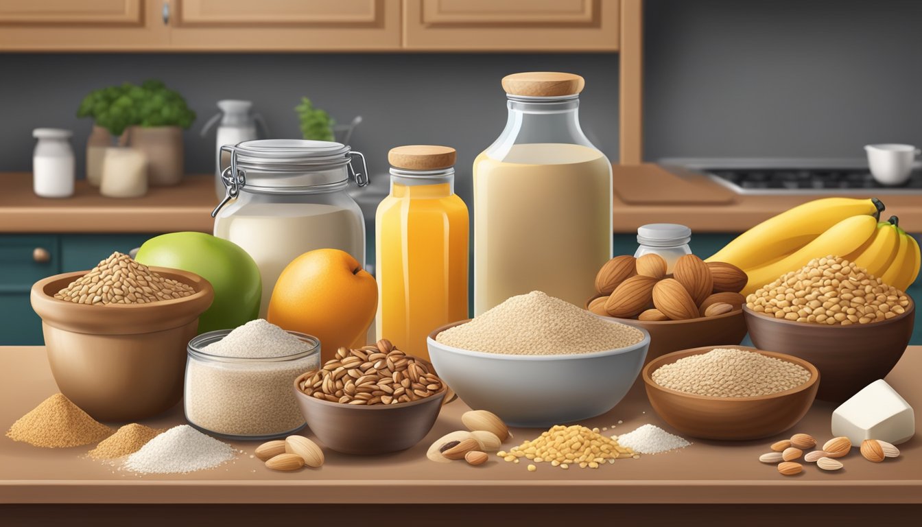 A kitchen counter with a variety of wholesome ingredients for baking, such as whole grain flour, fresh fruits, nuts, and natural sweeteners