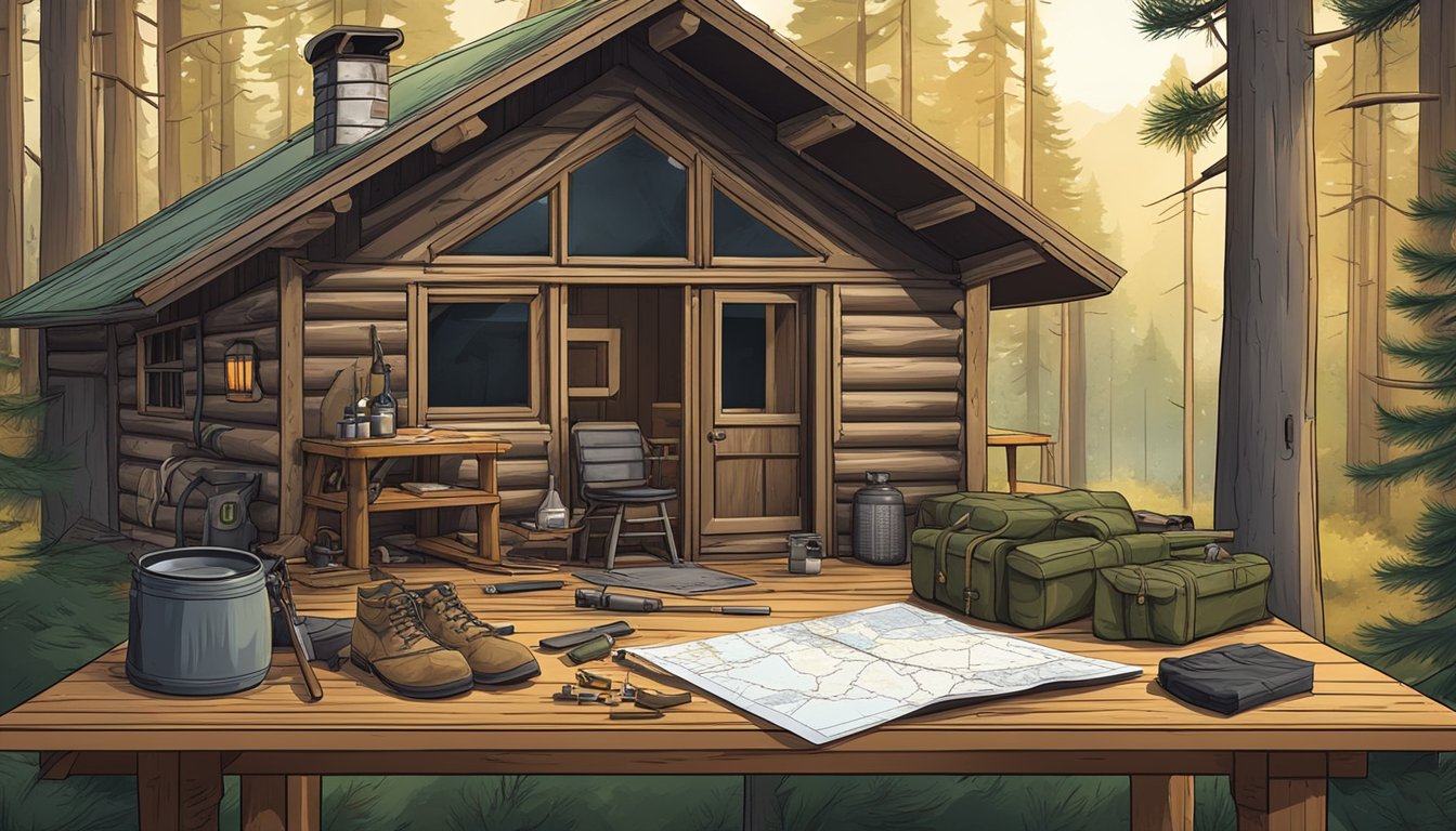 A hunter's cabin surrounded by pine trees, with hunting gear laid out and a map of the hunting grounds on a wooden table