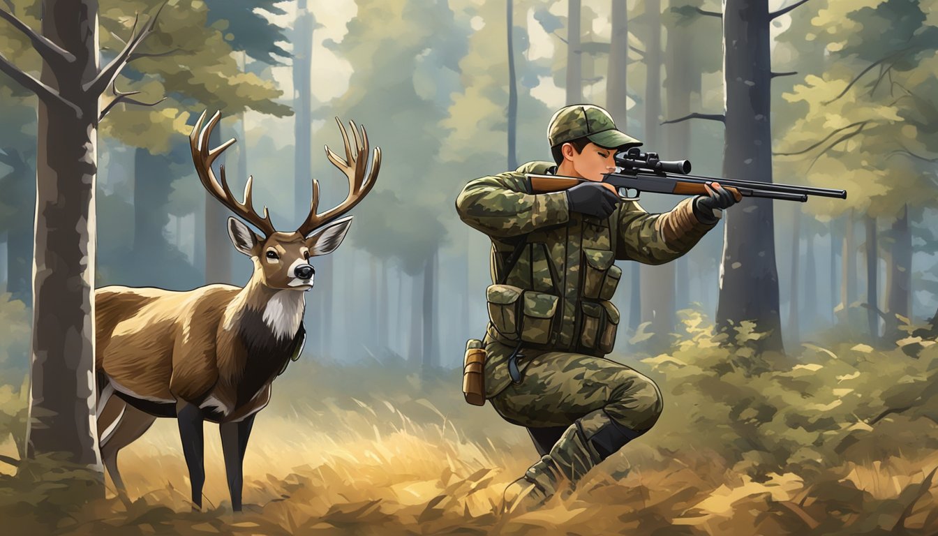 A young hunter in camouflage aiming a rifle at a deer in a forest clearing during youth hunting season