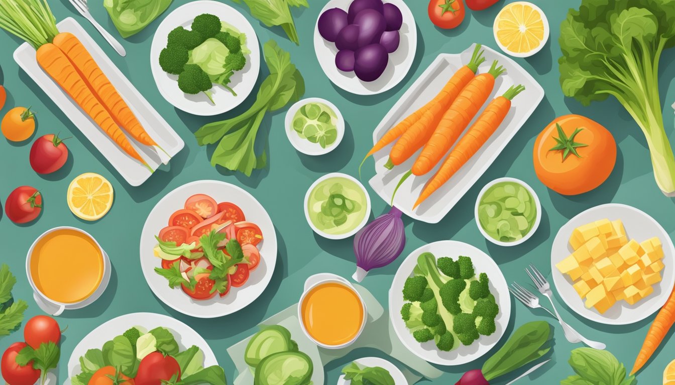 A colorful array of fresh vegetables and lean proteins displayed on a clean, modern table setting