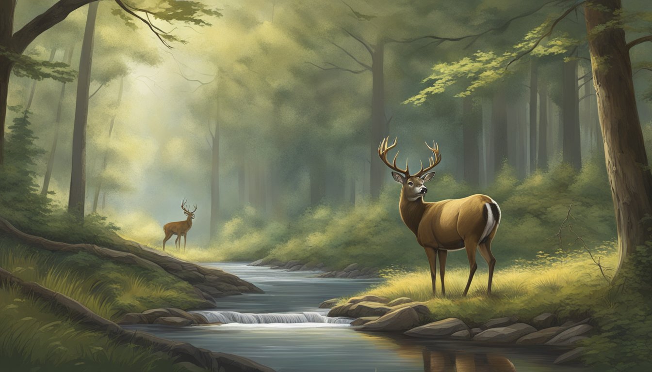 A dense forest with a clearing, a hunter's blind overlooking a trail, and a majestic buck drinking from a stream