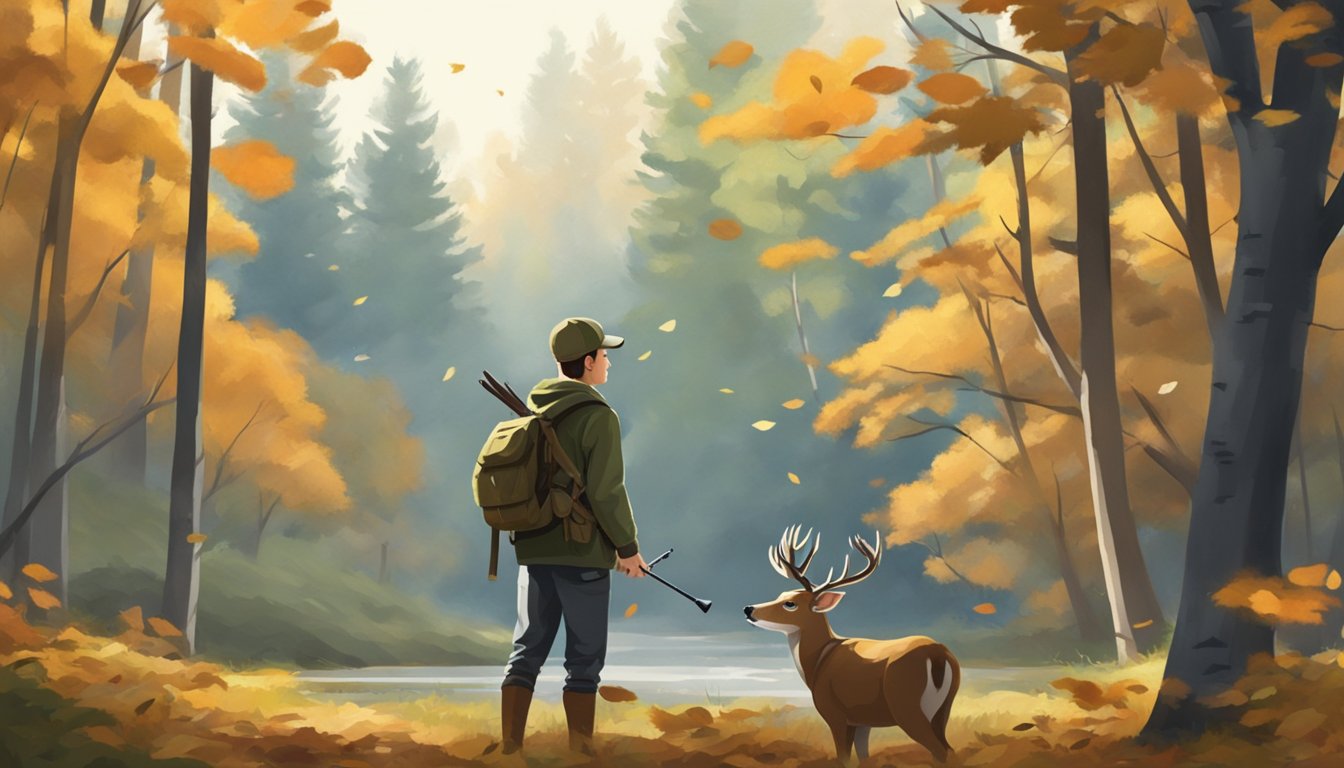 A young hunter carefully aims at a deer in a forest clearing, surrounded by trees and fallen leaves