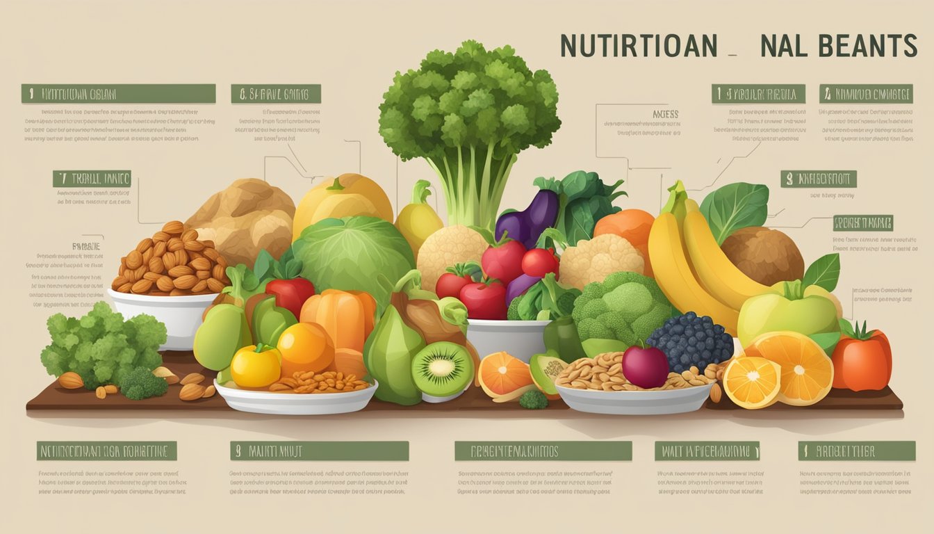 A table filled with fresh fruits, vegetables, whole grains, and nuts, with labels displaying their nutritional benefits