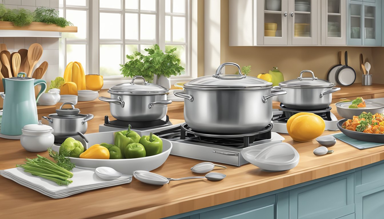 A well-organized kitchen counter displays a variety of complementary ceramic cookware sets, emphasizing healthy cooking options