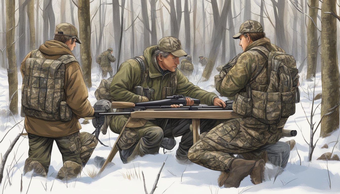 A group of hunters in camouflage gear setting up blinds and decoys in a wooded area, preparing for a non-deer hunting excursion