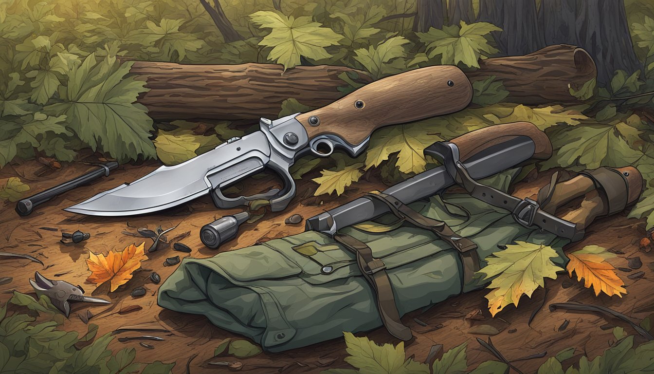 A hunter's gear strewn on the forest floor, a bloodied knife, and a freshly killed deer