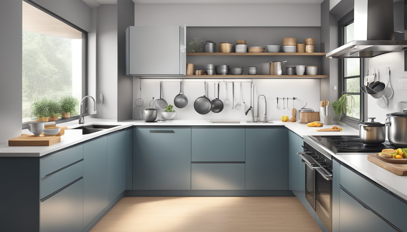 A modern kitchen with ergonomic cookware, featuring innovative design elements for healthy cooking