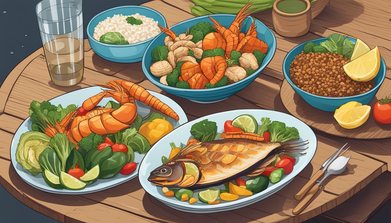 A colorful spread of fresh vegetables, grilled seafood, and whole grains arranged on a wooden table with a glass of water