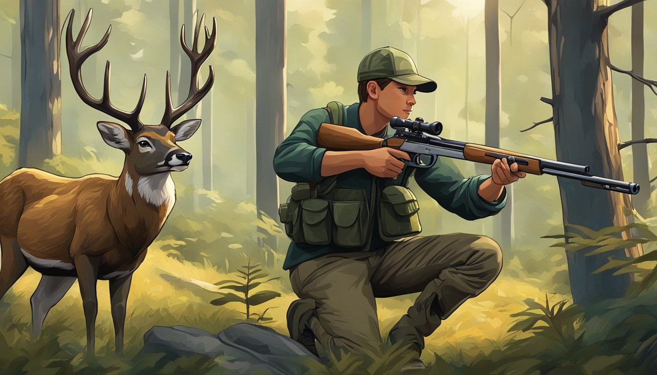 A young hunter aims a rifle at a deer in a forest clearing