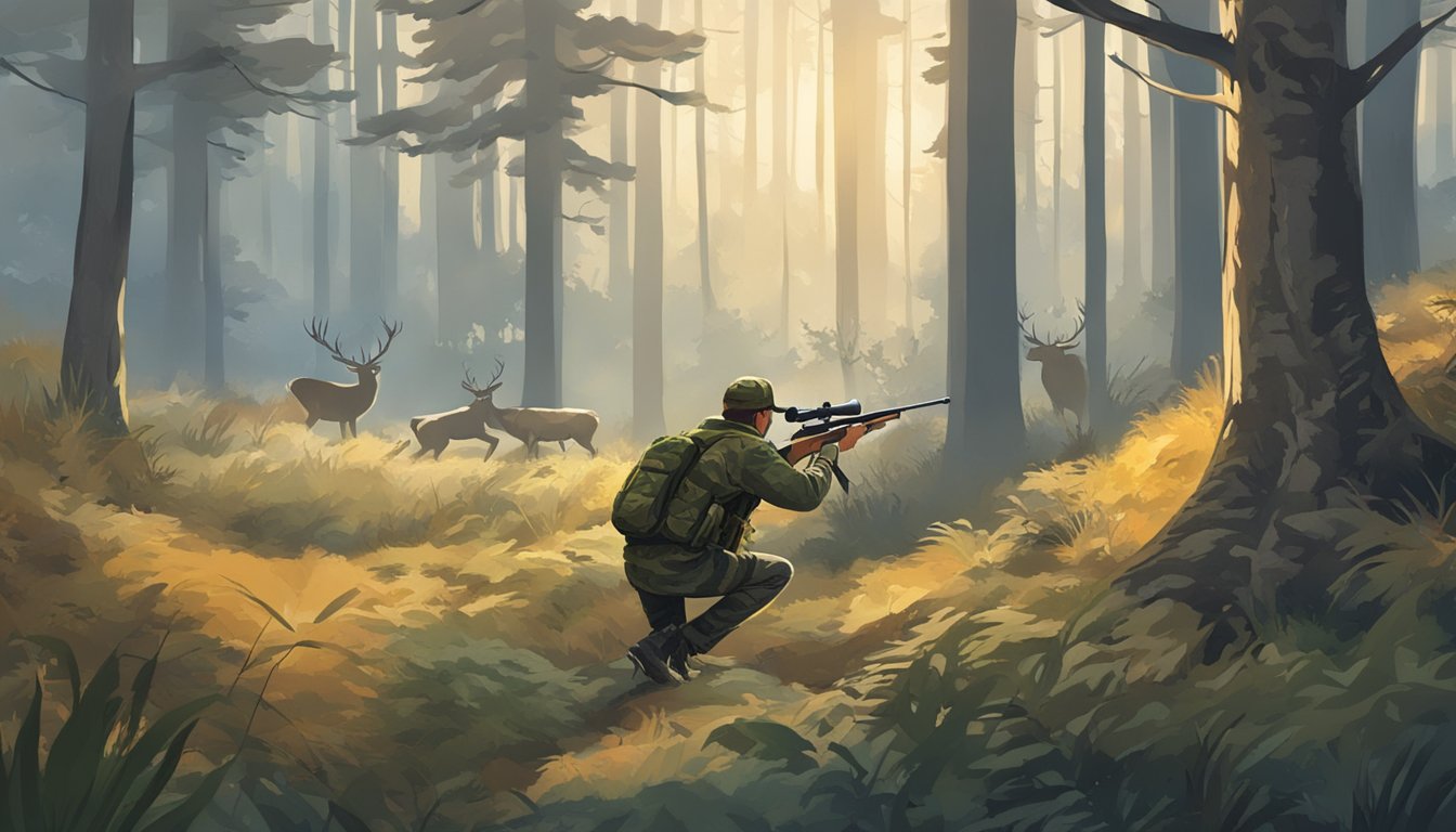 A hunter in camouflage aiming a rifle at a deer in a forest clearing