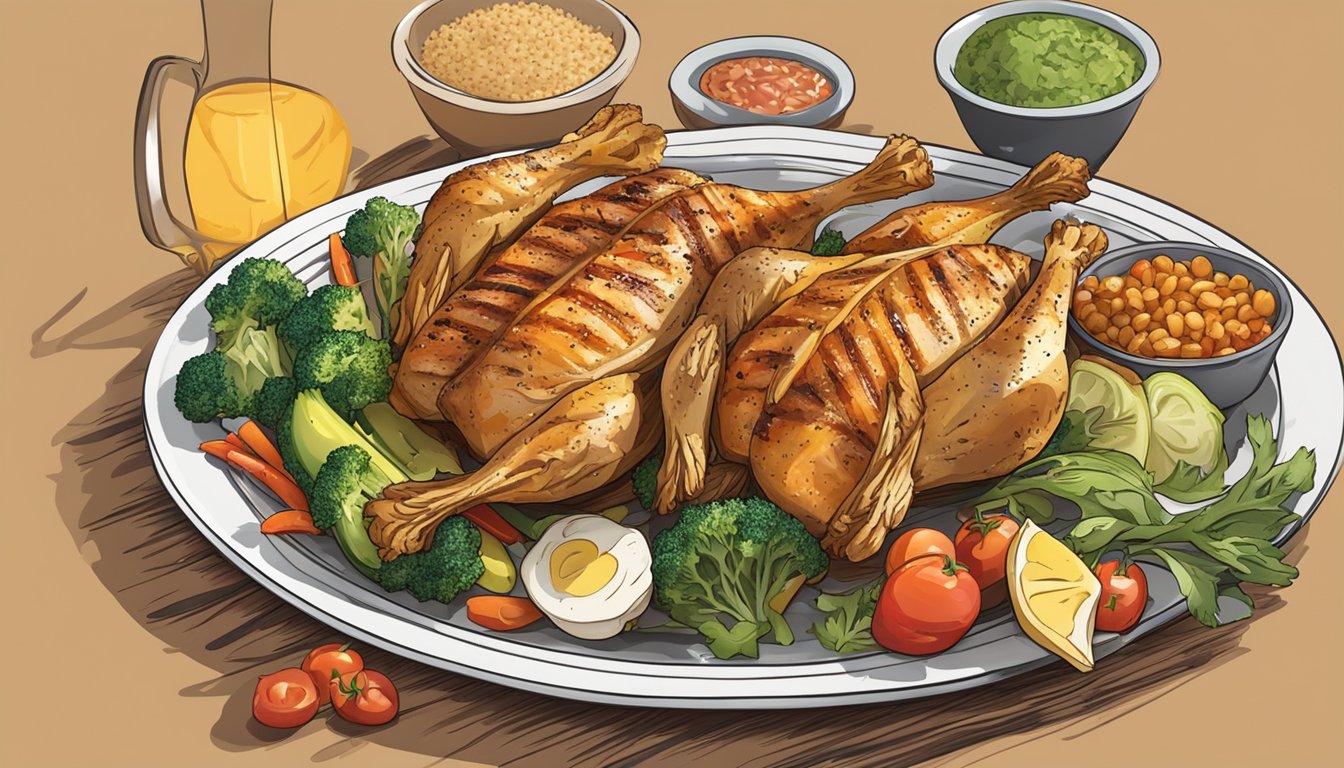 A colorful spread of grilled chicken, fresh vegetables, and whole grains arranged on a plate