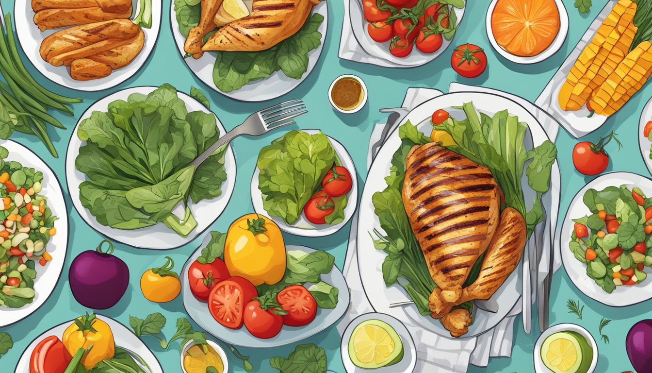 A colorful array of fresh vegetables and grilled chicken arranged on a clean, modern table setting