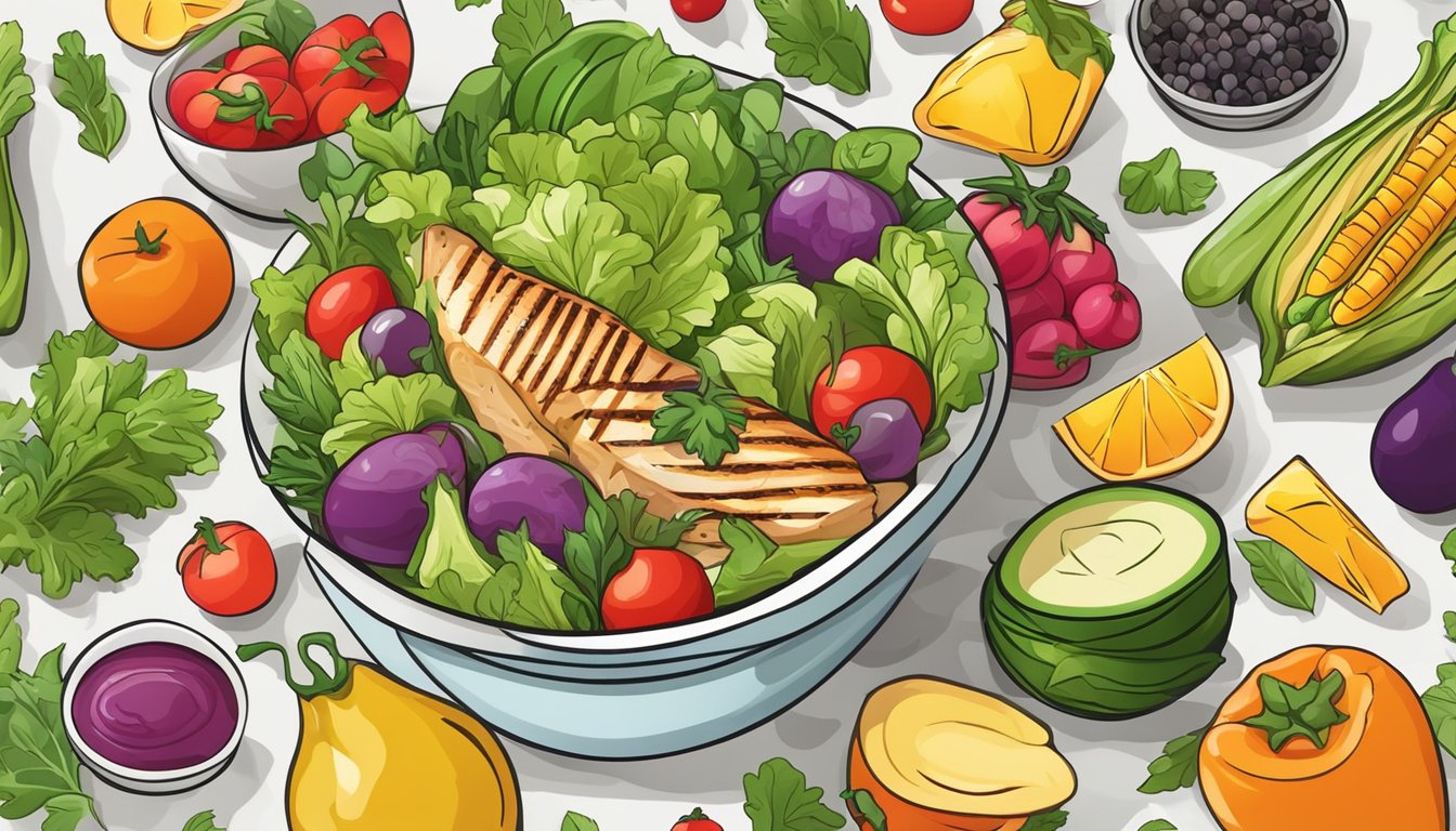 A colorful salad bowl surrounded by fresh vegetables and fruits, with a grilled chicken breast on the side