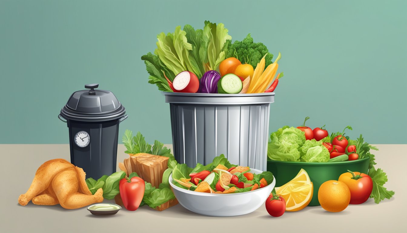 A table with fresh vegetables and fruits, alongside grilled chicken and salad, while unhealthy fast food is being thrown into a trash can