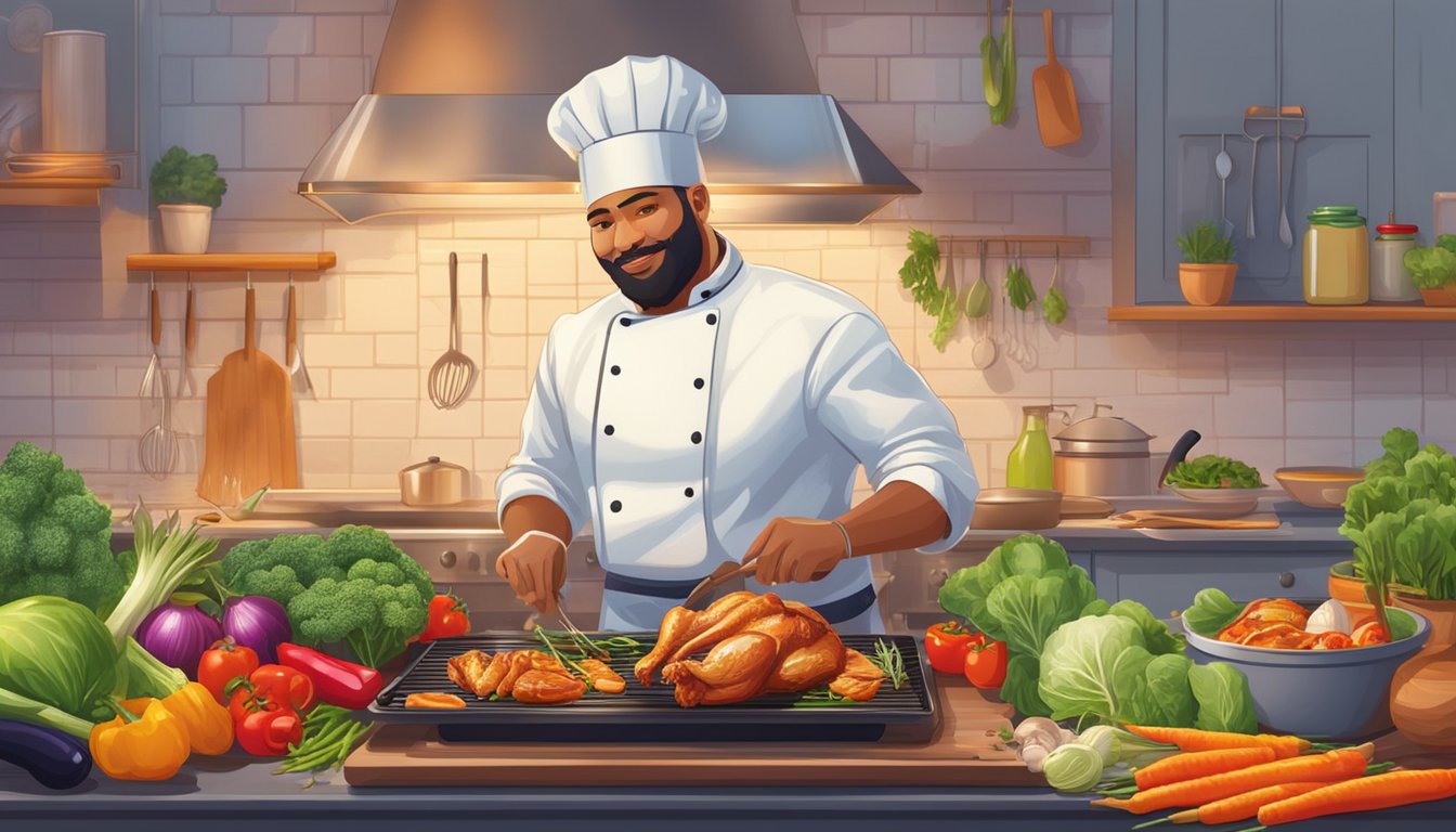 A chef grilling fresh vegetables and marinating chicken in a vibrant kitchen, surrounded by colorful spices and cooking utensils