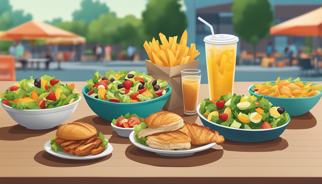 A spread of fresh salads, grilled chicken, and fruit cups displayed next to traditional fast food items at Cookout