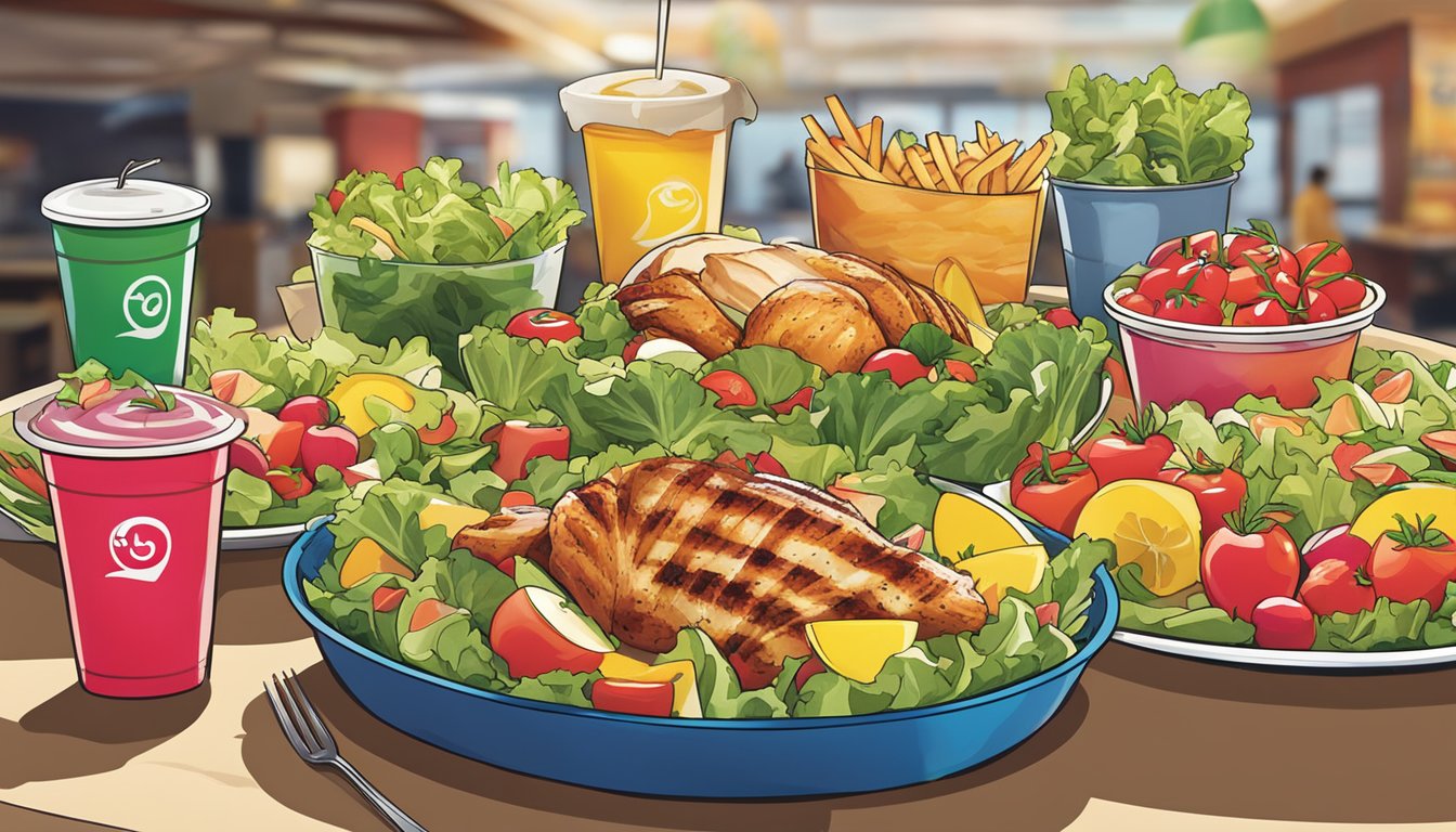 A colorful array of fresh salads, grilled chicken, and fruit cups on a counter, with a bright Wendy's logo in the background