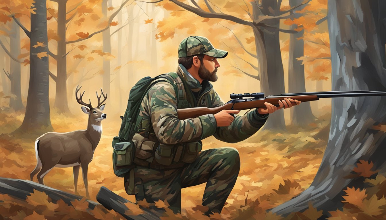 A hunter in camouflage aims his muzzleloader at a deer in a forest clearing, surrounded by fallen leaves and tall trees