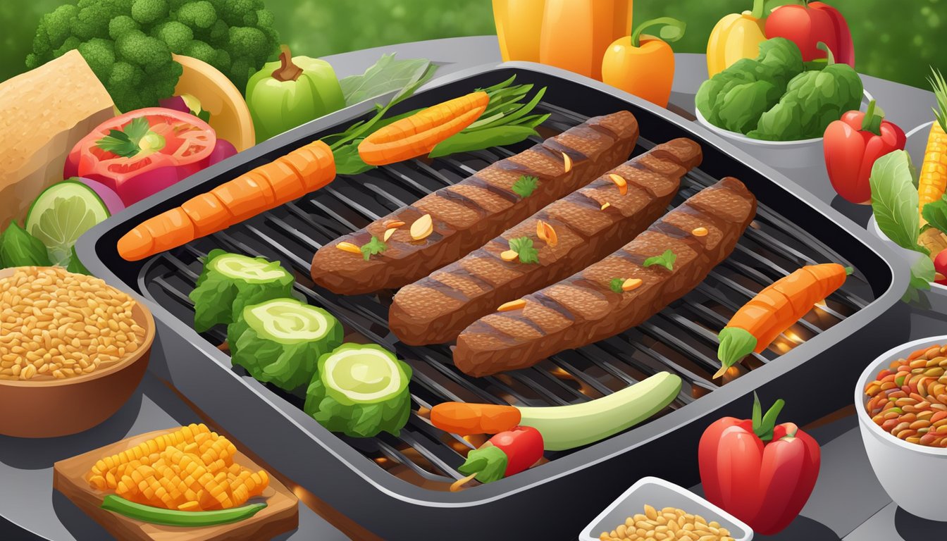 A colorful array of fresh vegetables and lean meats sizzling on the grill, surrounded by vibrant fruits and whole grains at a cookout fast food