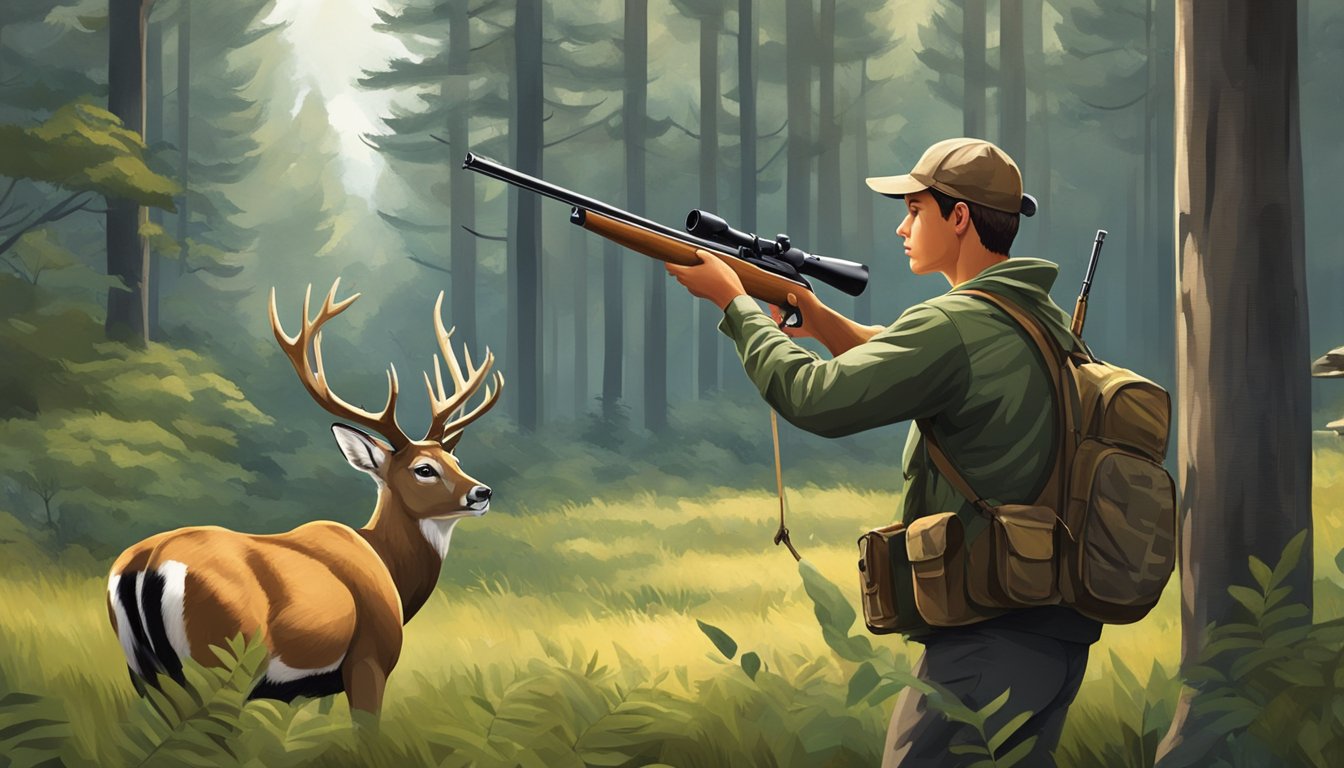 A young hunter carefully aims at a deer in a peaceful forest clearing, surrounded by trees and wildlife