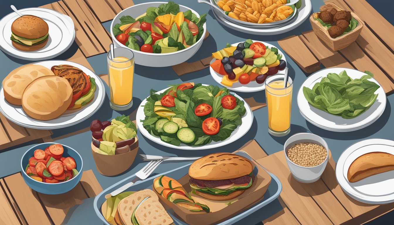 A picnic table with grilled vegetables, fruit salad, and whole grain buns alongside lean protein options like grilled chicken and turkey burgers