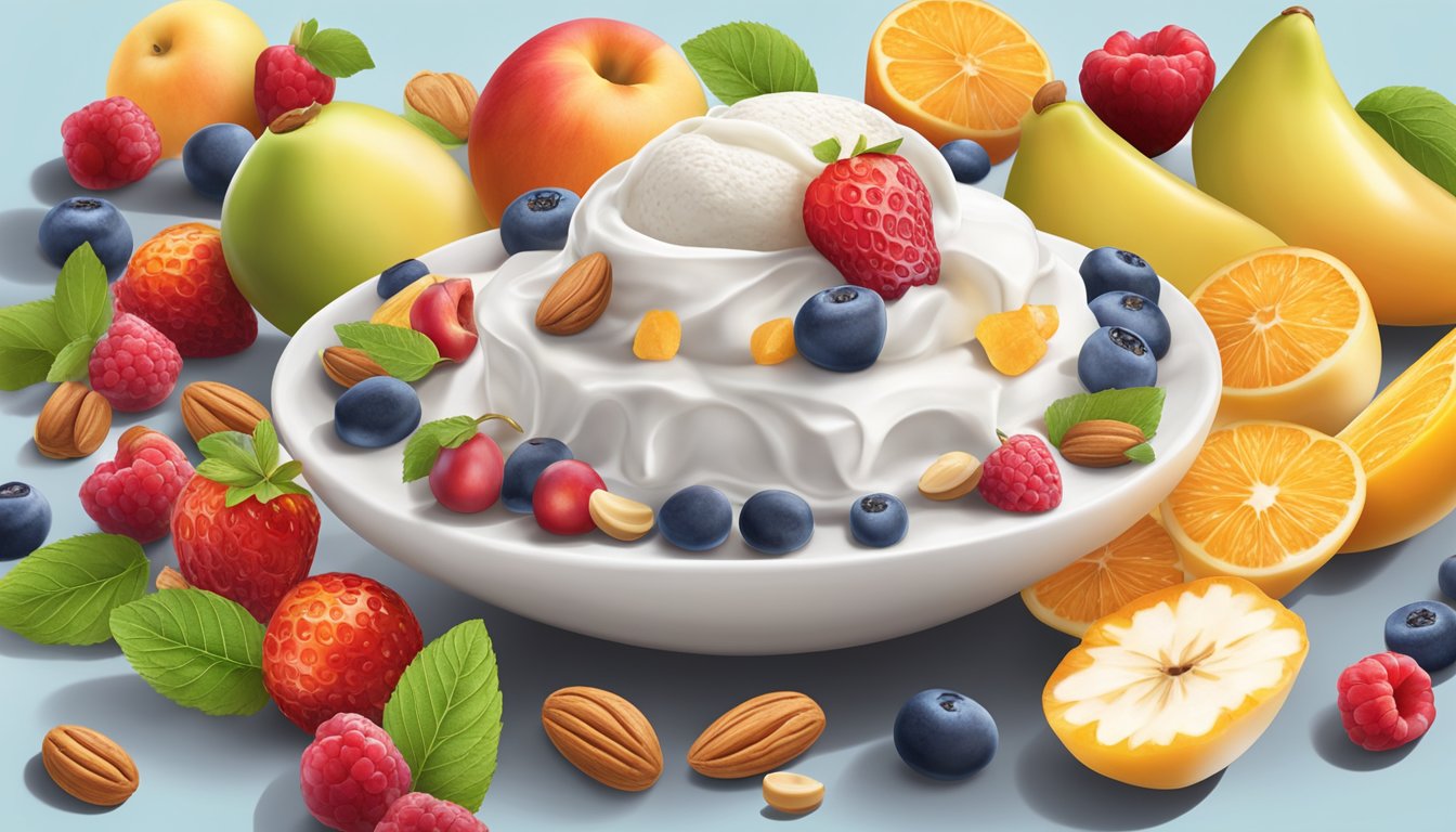 A variety of fresh fruits and nuts arranged around a smooth, creamy scoop of yogurt-based ice cream on a cold stone slab