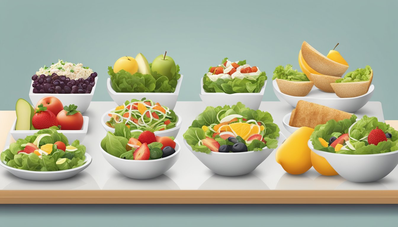 A variety of fresh salads, sandwiches, and fruit bowls displayed on a clean, modern menu board. A selection of colorful, healthy options are highlighted