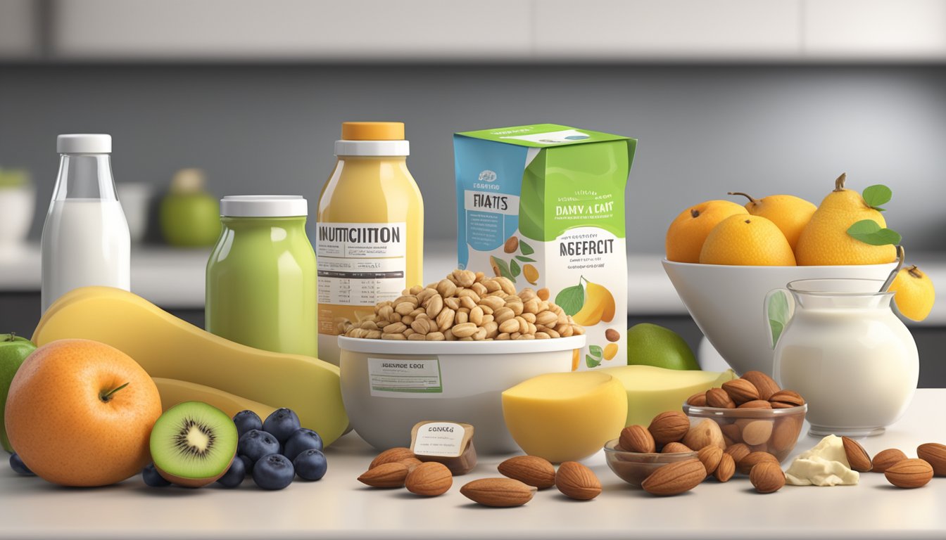 A variety of fresh fruits, nuts, and low-fat dairy products displayed on a clean, modern countertop with a nutrition label in the background