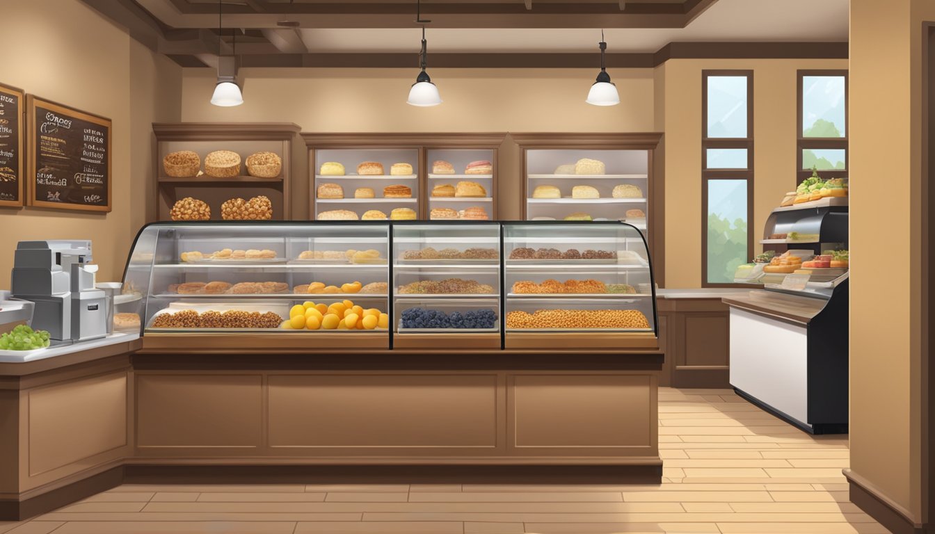 A cozy corner bakery with a display of fresh fruits, granola, and whole grain bread. A variety of healthy breakfast options are showcased on the counter