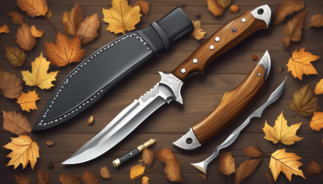 A hunting knife with a sturdy handle and a sharp, curved blade, resting on a wooden hunting rifle stock, surrounded by fallen leaves and deer antlers